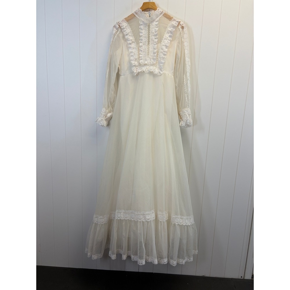 Vintage 70s 80s Prairie Swiss Dot Lace Wedding Dress Women Size S/M Victorian
